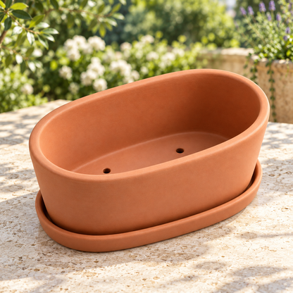 Clay Root Planter garden scene and product details