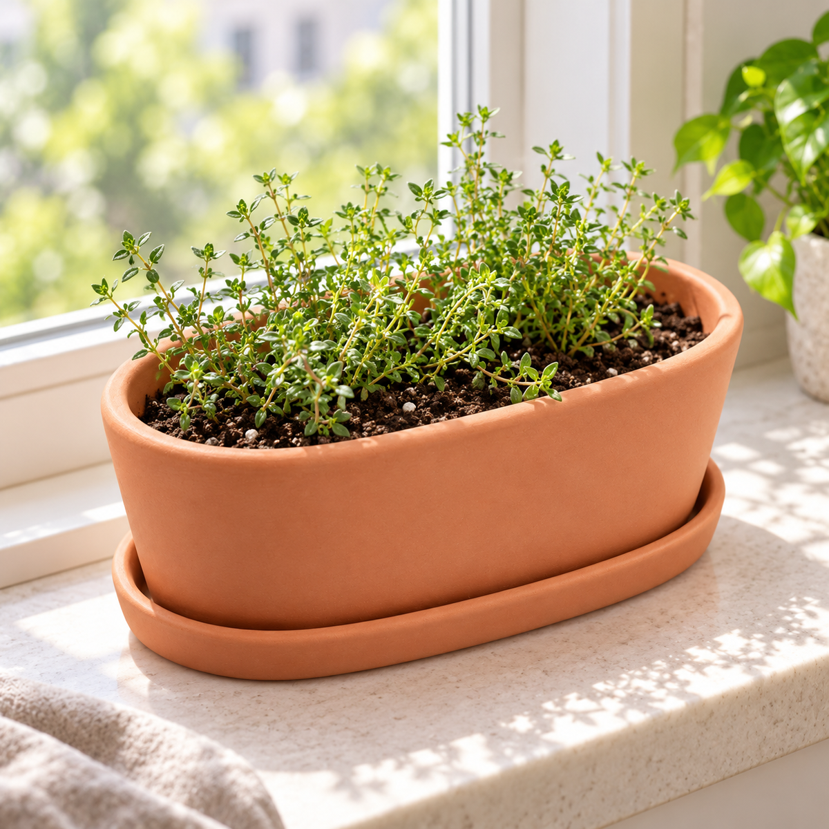 Clay Root Planter garden scene and product details