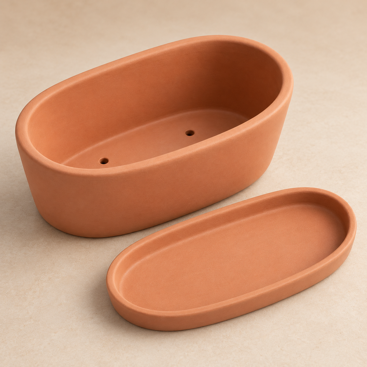 Clay Root Planter garden scene and product details