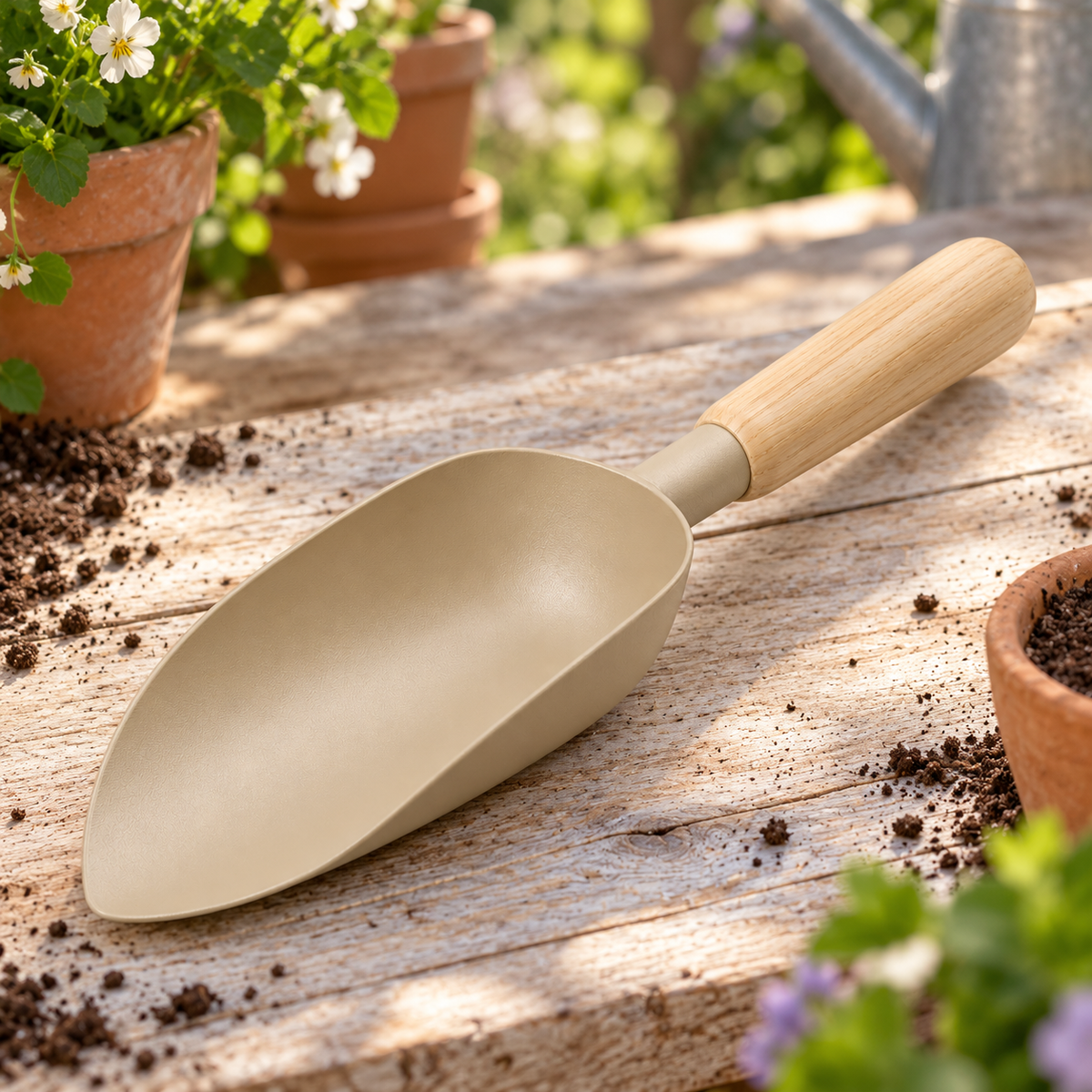 Dune Soil Scoop garden scene and product details