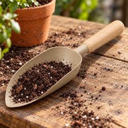 Dune Soil Scoop garden scene and product details
