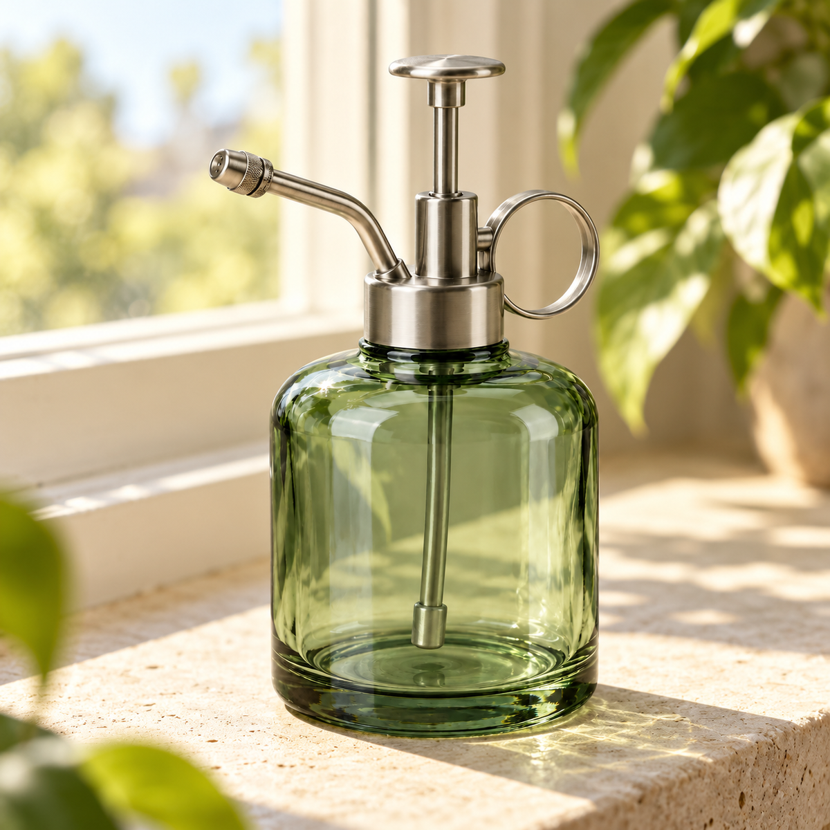 Mist Bud Spray Bottle garden scene and product details