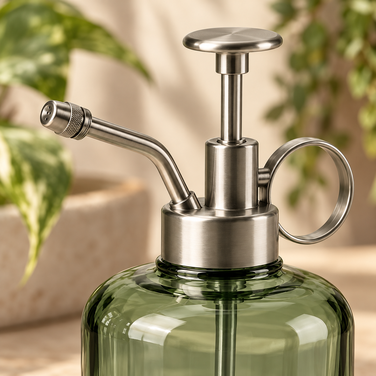 Mist Bud Spray Bottle garden scene and product details