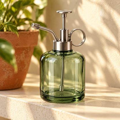 Mist Bud Spray Bottle garden scene and product details