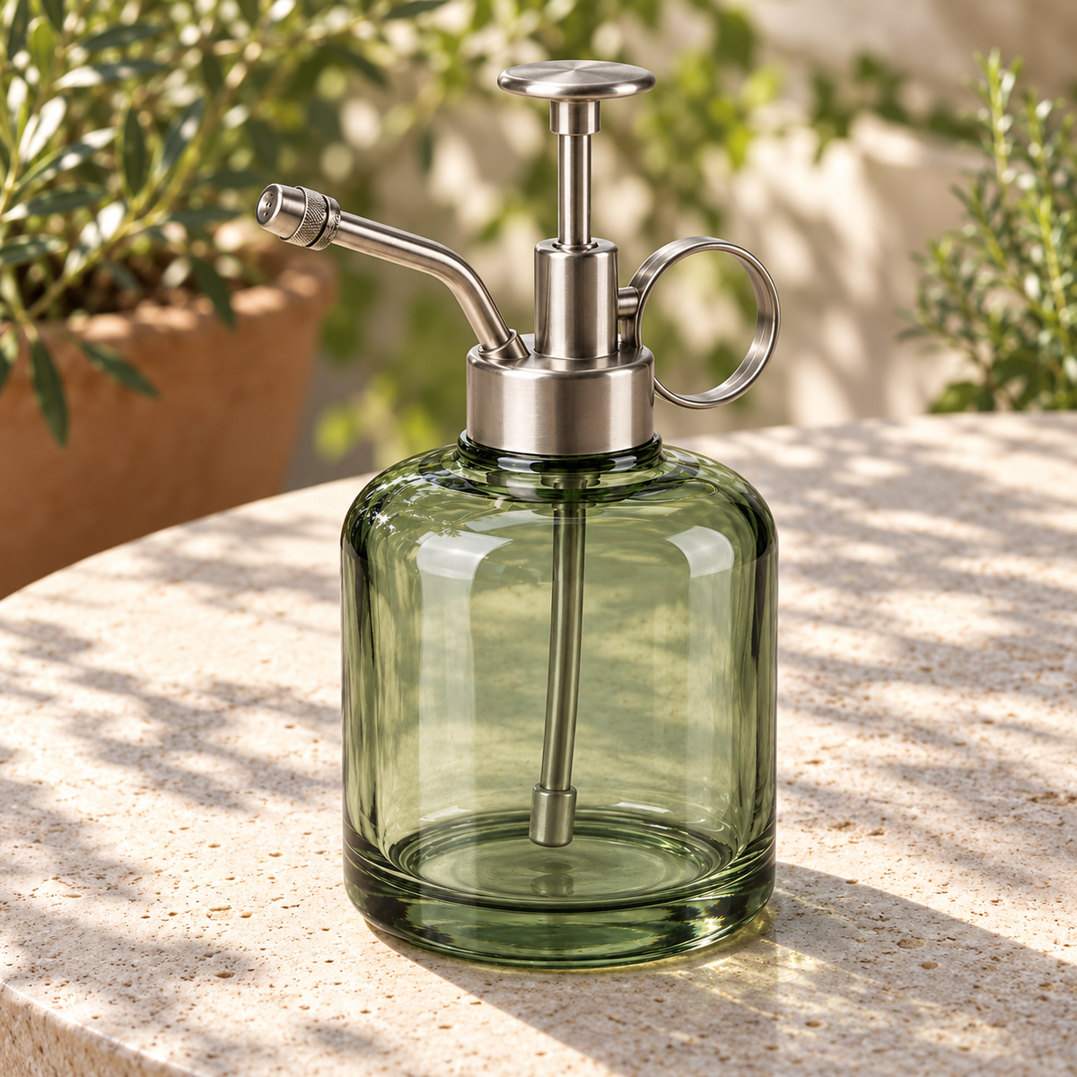 Mist Bud Spray Bottle garden scene and product details