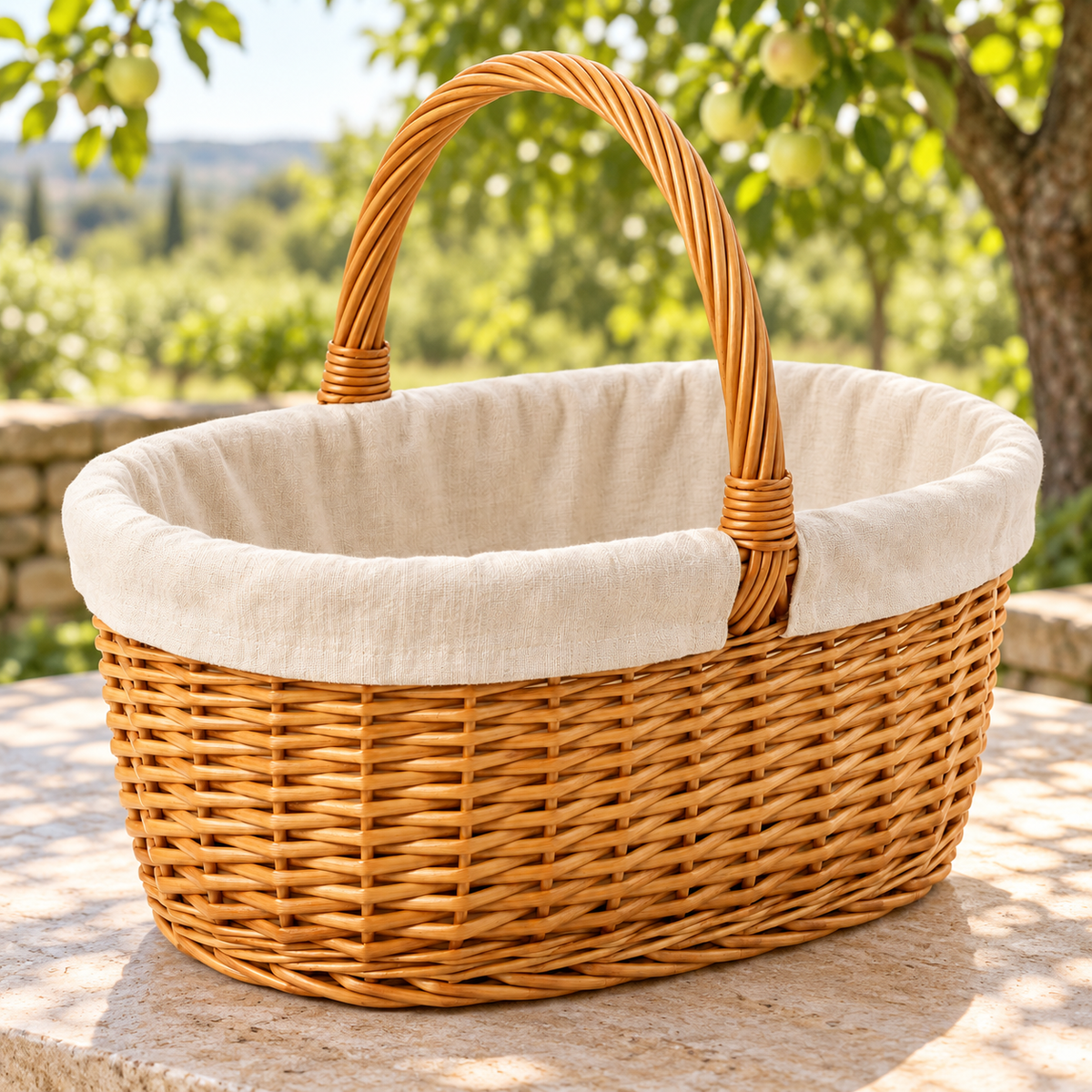 Orchard Gathering Basket garden scene and product details