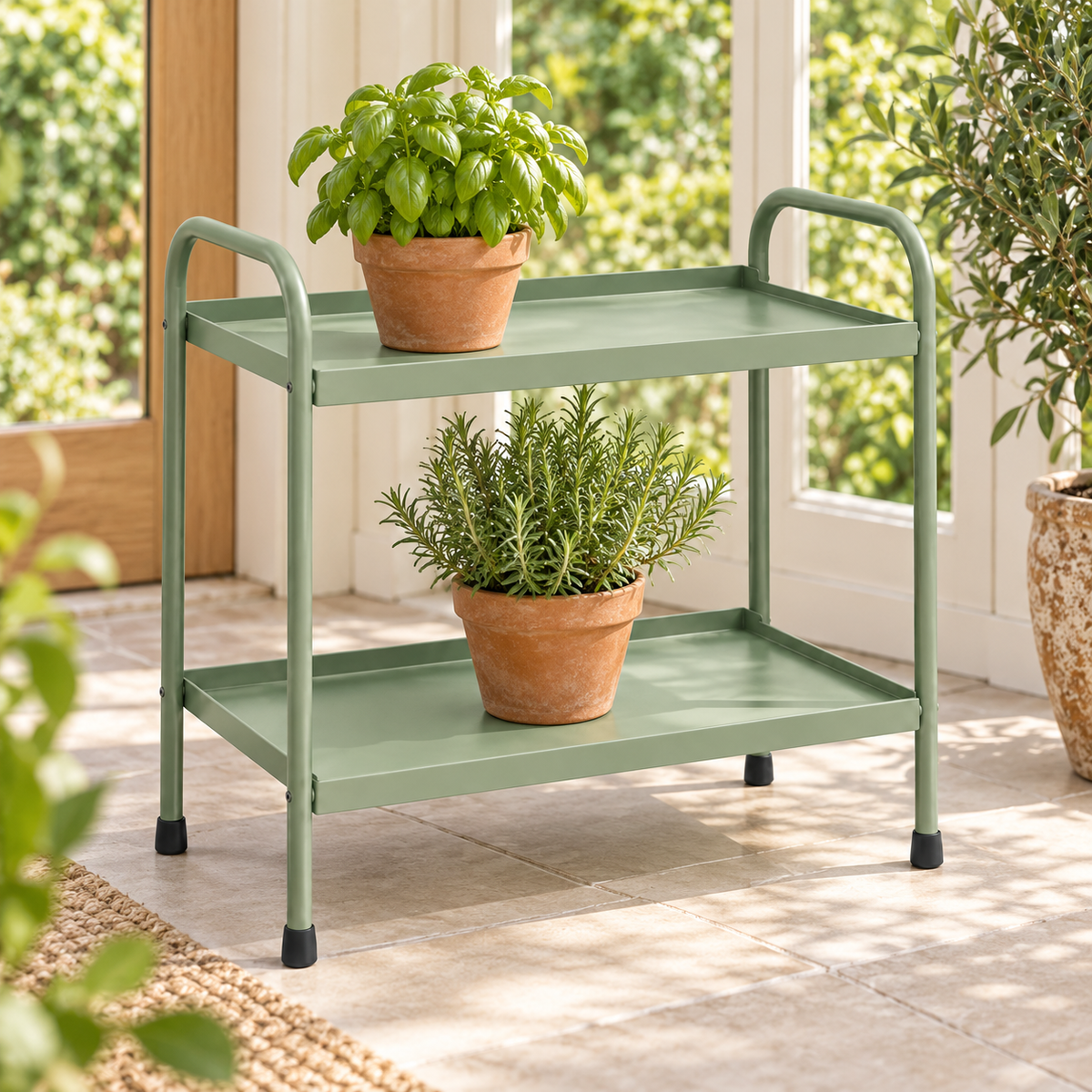 Pavilion Shelf Stand garden scene and product details