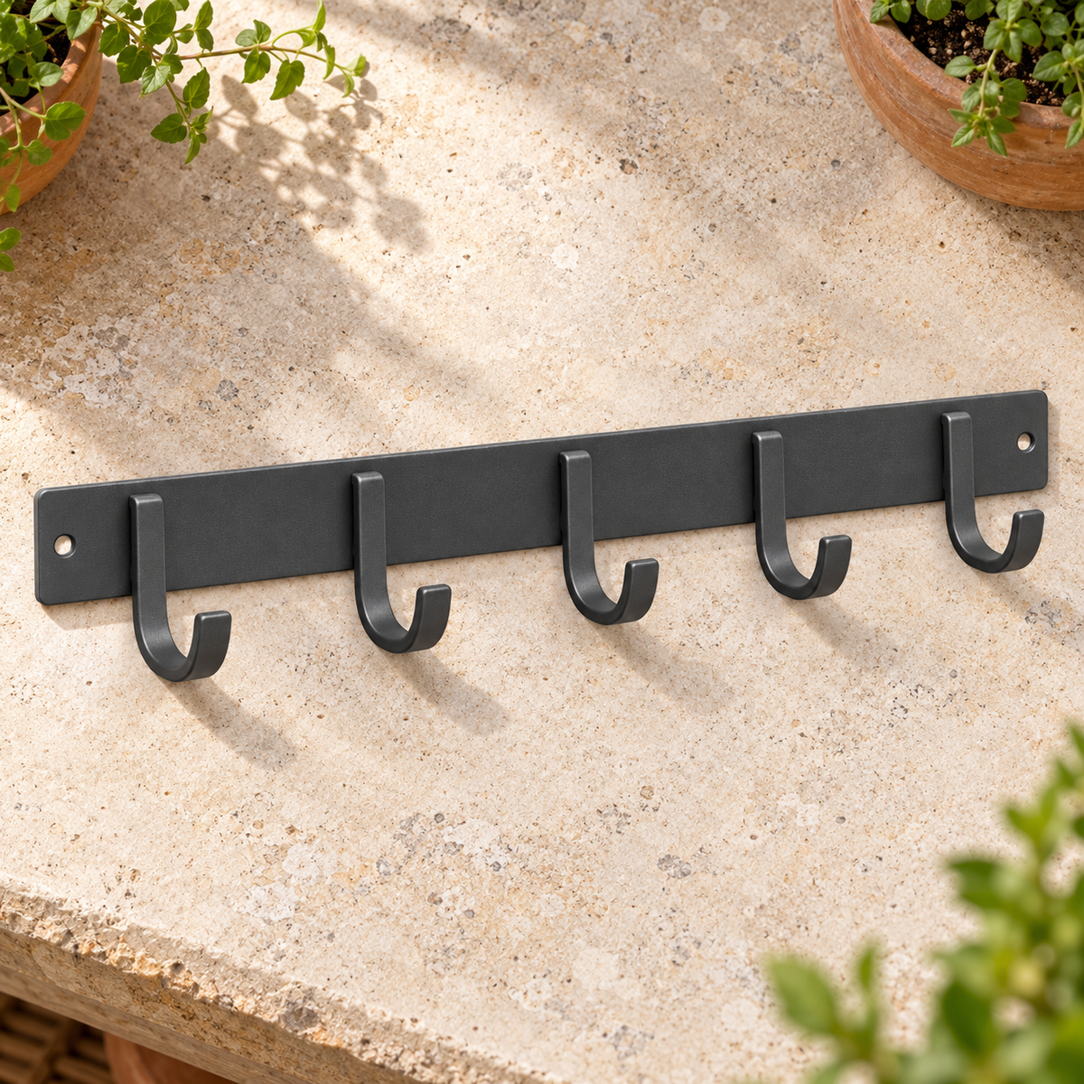 Terrace Tool Rail garden scene and product details